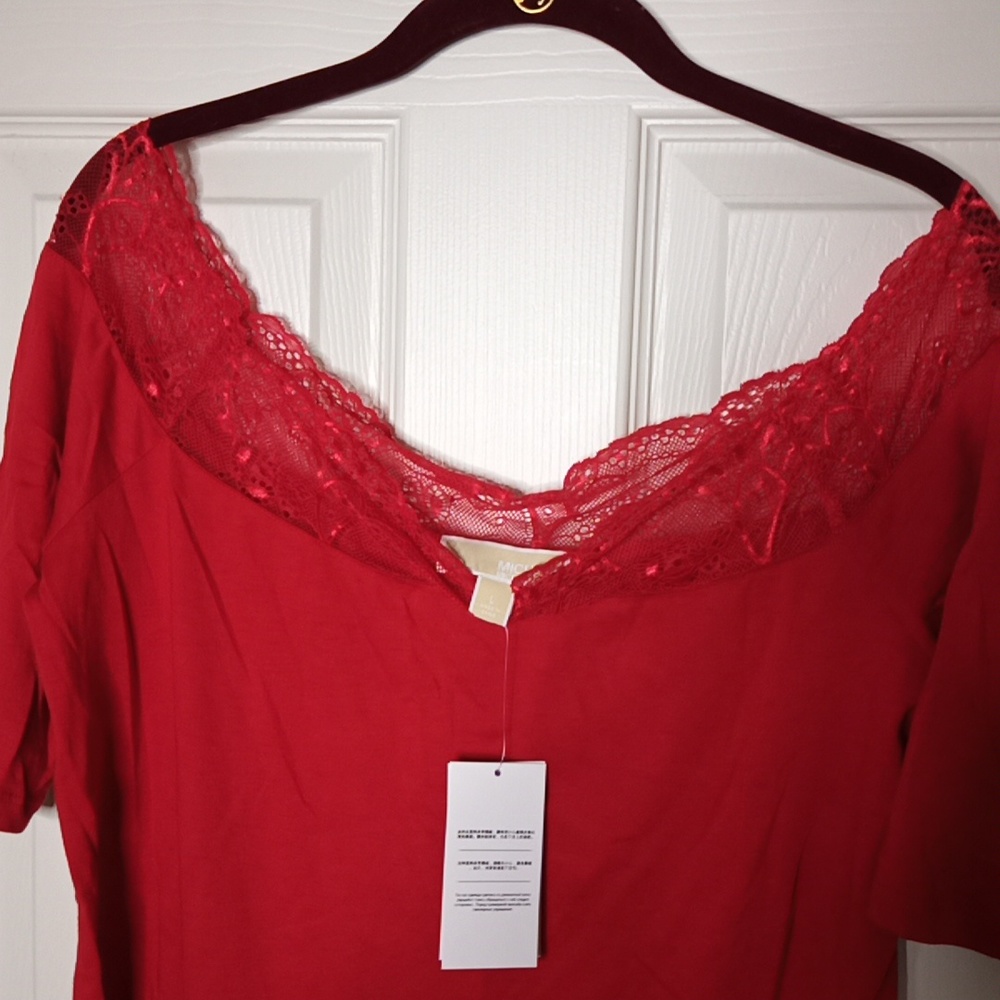 NEW Michael Kors Red Off the Shoulder Lace Trim Shirt Top Sz. Large